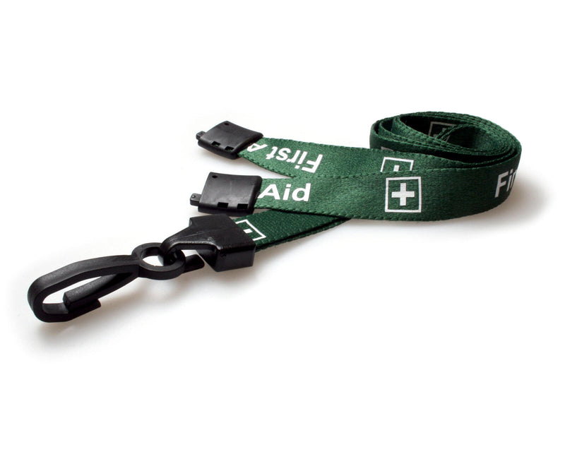 Recycled Green First Aid 15mm Lanyards with Plastic J Clip (Pack of 100)